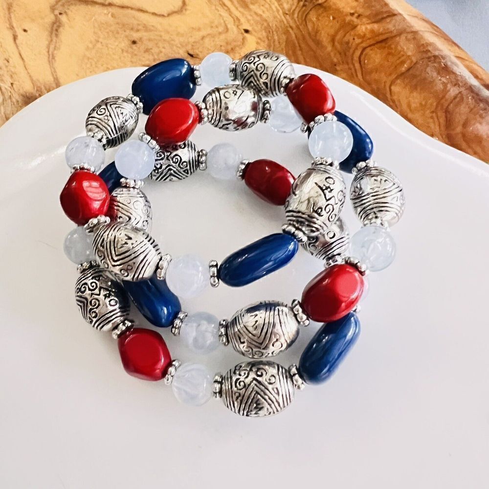 3 Vintage Bracelet Silver Tone Spacer Red Blue Chunky Beaded Stretch Bangle 4700